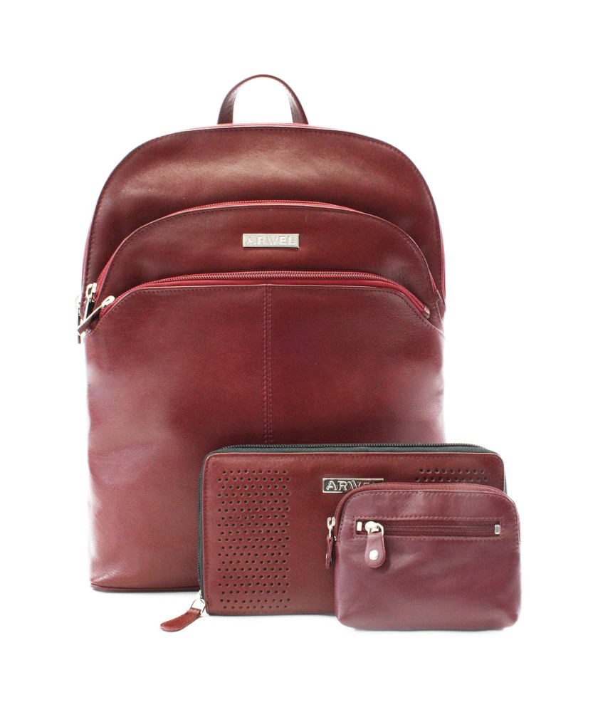 Vínově červená sada dámského batohu, peněženky a klíčenky 412-8955-4722-8104-34