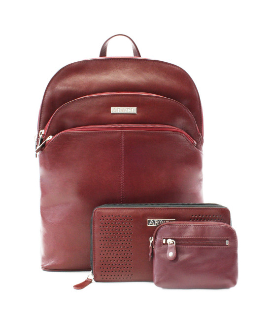 Vínově červená sada dámského batohu, peněženky a klíčenky 412-8955-4722-8104-34