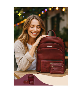 Vínově červená sada dámského batohu, peněženky a klíčenky 412-8955-4722-8104-34
