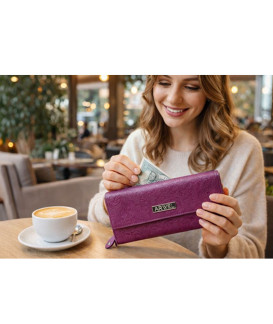 Fuchsiová dámská kožená klopnová peněženka se vzorem 511-2235-36
