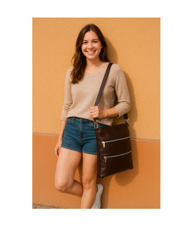 Tmavě hnědá kožená zipová kabelka s popruhem 212-3066-47